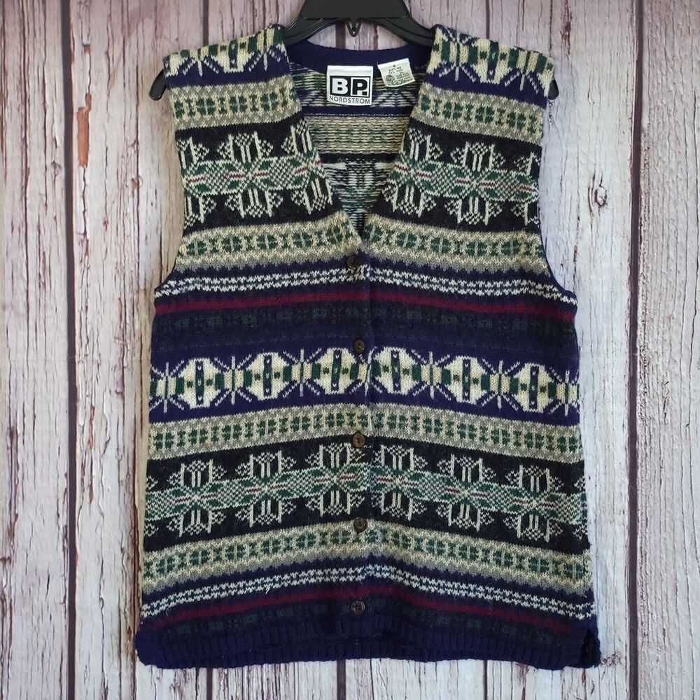 BP Nordstrom Shetland Wool Fair Isle Knit V-Neck Button Sweater Vest Womens S